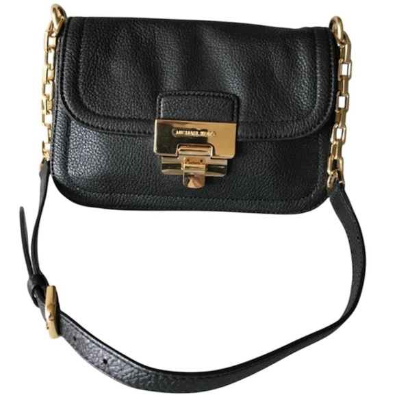 •MICHAEL KORS•BLACK LEATHER SLOANE GOLD CHAIN SHOULDER FLAP CROSSBODY BAG EUC - Picture 1 of 14